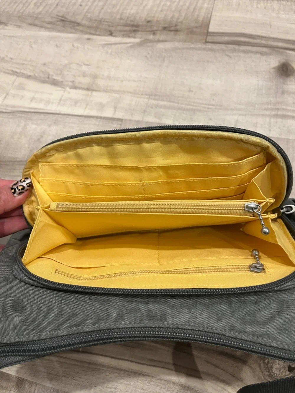 Baggallini Gray Leopard-Print Crossbody Bag with adjustable strap and billfold